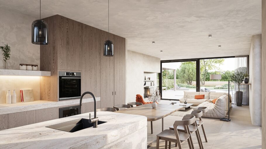 3D interior visual with a kitchen island, timber cabinetry, a dining table and a seating area beside large garden-facing windows.