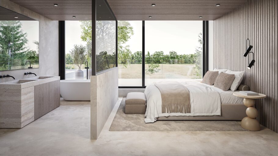 3D interior visual of a bedroom with a timber slat wall and an adjoining bathroom with a freestanding bath.