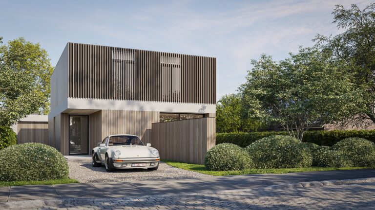 3D visual of a modern home with timber cladding, a driveway and a white car.