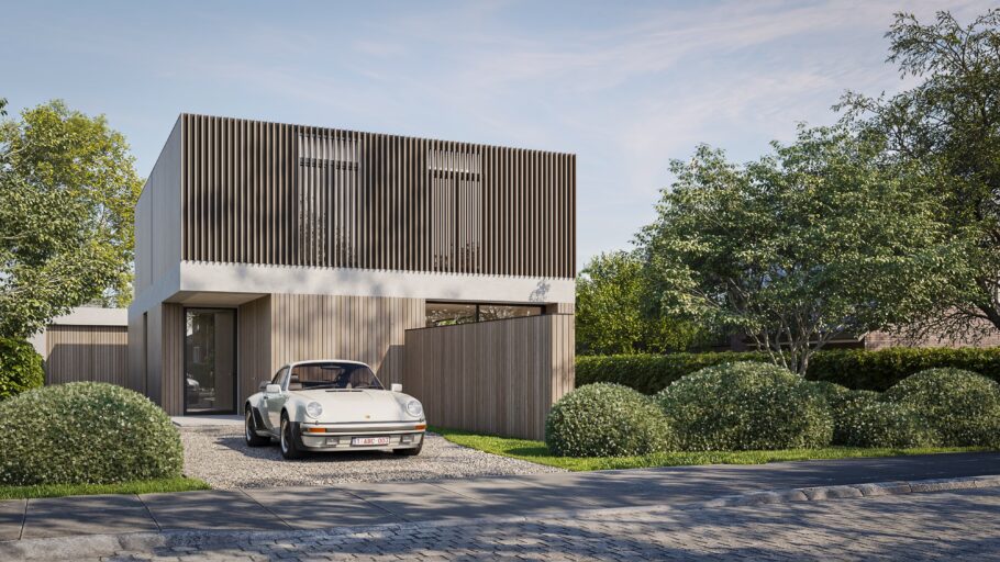 3D visualisation of a home with vertical timber cladding, a driveway with a white car and landscaped planting.