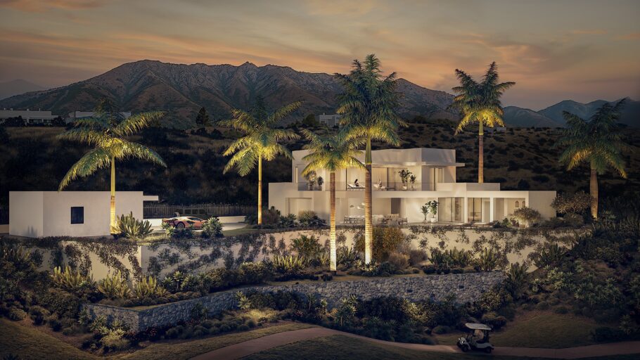 3D-avondbeeld van een verlichte witte villa tussen palmbomen, met bergen onder een oranje avondlucht.
