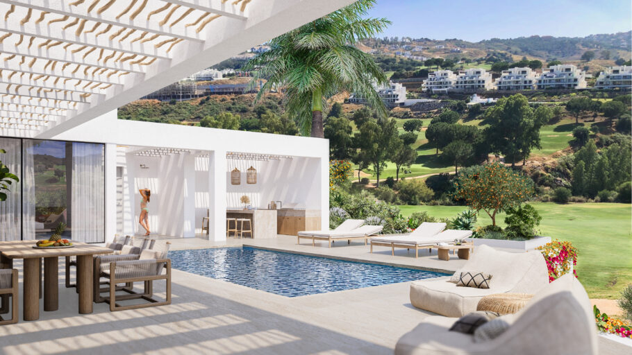 3D visualisation of a terrace with a pool, pergola, dining table and sun loungers, with a golf course in the background.