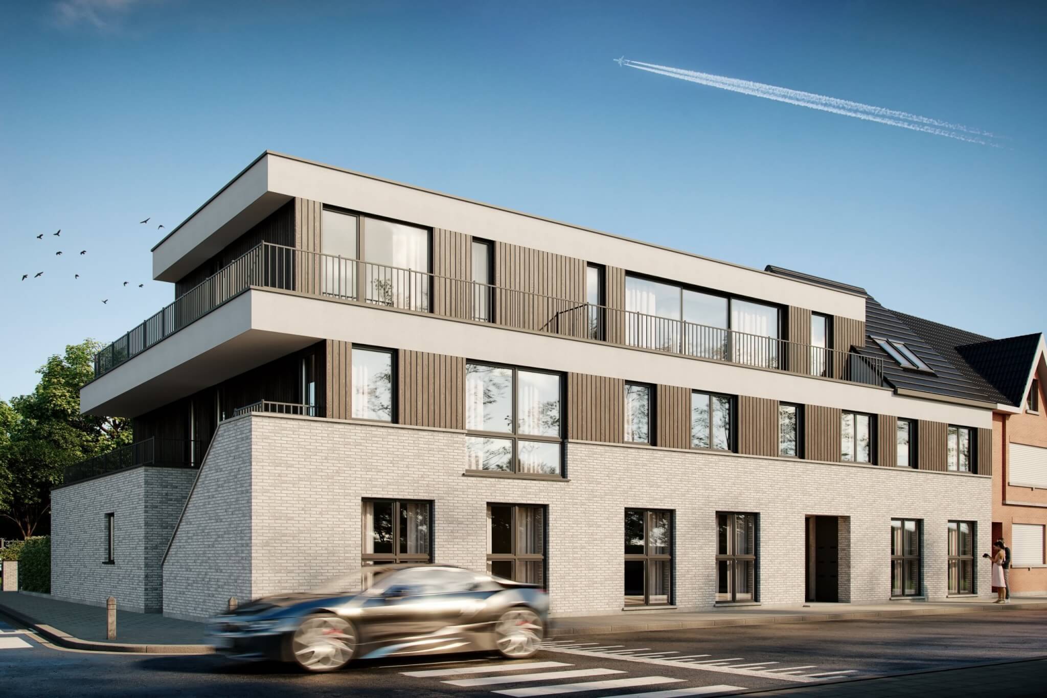 3D exterior visualization of a residential development in Puurs