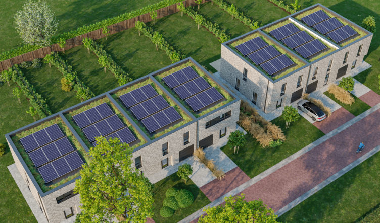 3D van een zonne-energiehuis, 3D als duurzame luchtfoto door Be Present vastgoedmarketing.