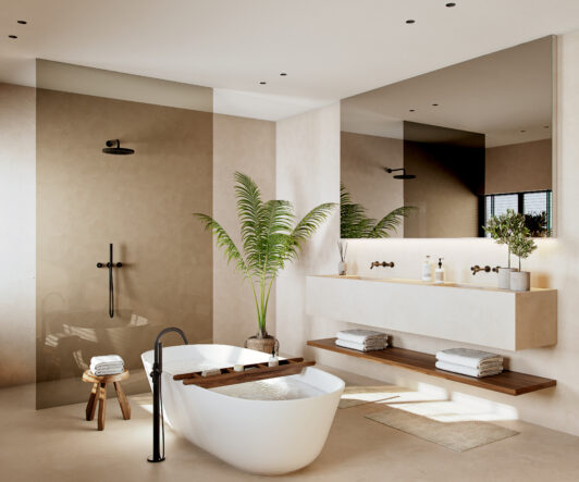 Modern bathroom CGI shown as bathroom interior render by Be Present for real estate marketing.