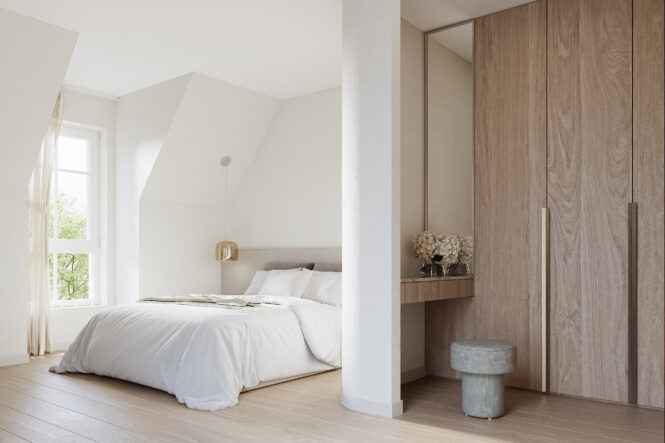 Bedroom interior CGI shown as residential interior render by Be Present for real estate marketing.