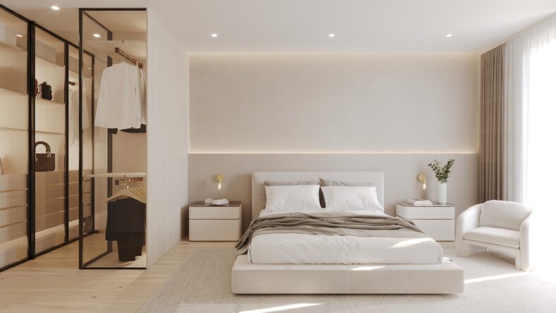 Walk-in closet CGI shown as bedroom interior render by Be Present for real estate marketing.
