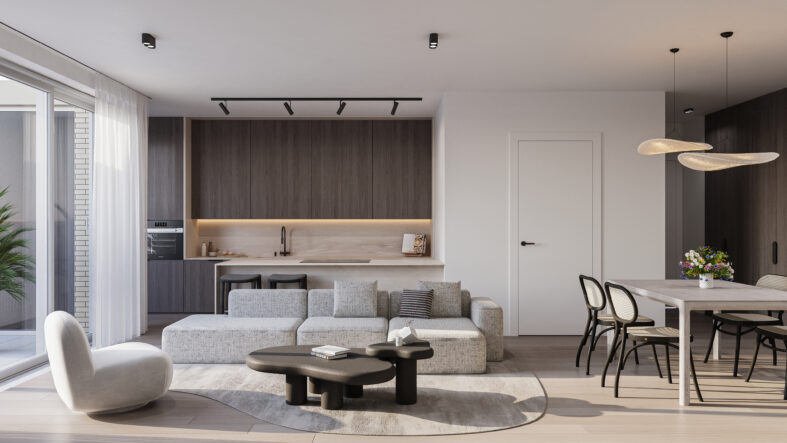 3D CGI interior rendering showing a modern living and dining room for real estate marketing and off-plan sales.
