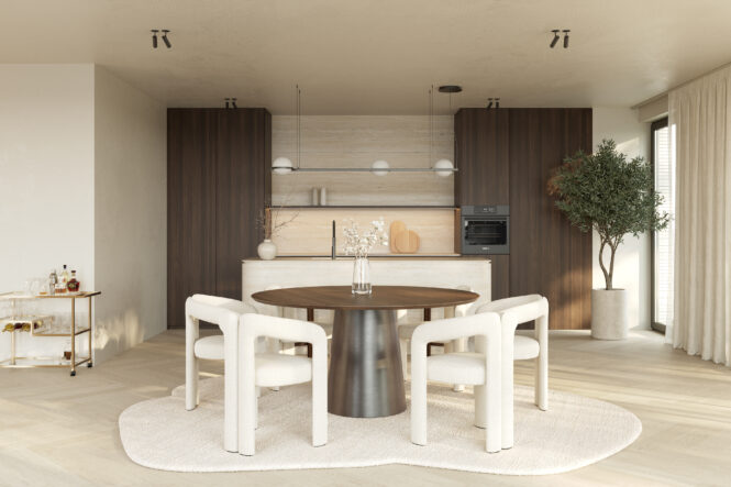 Dining kitchen CGI shown as residential interior render by Be Present for real estate marketing.