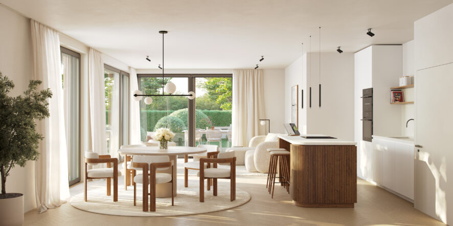 3D kitchen dining visualization showing an open-plan interior CGI for property marketing and off-plan residential sales.