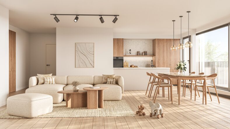 Living dining CGI shown as residential interior render by Be Present for real estate marketing.