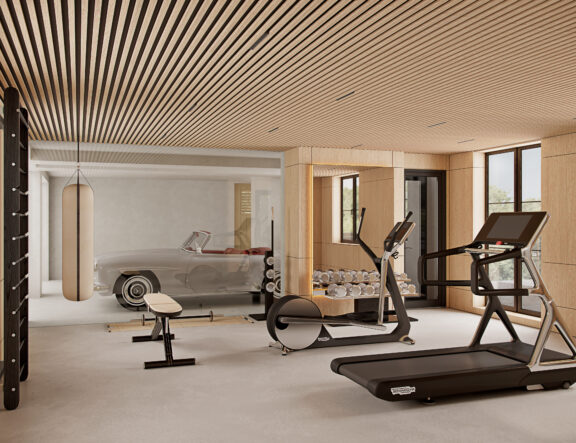 Garage fitness CGI shown as residential amenity render by Be Present for real estate marketing.