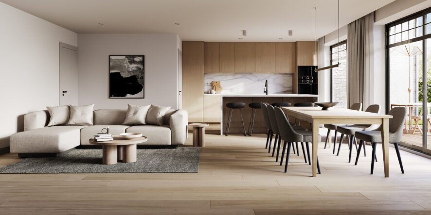 Apartment living CGI shown as residential interior render by Be Present for real estate marketing.