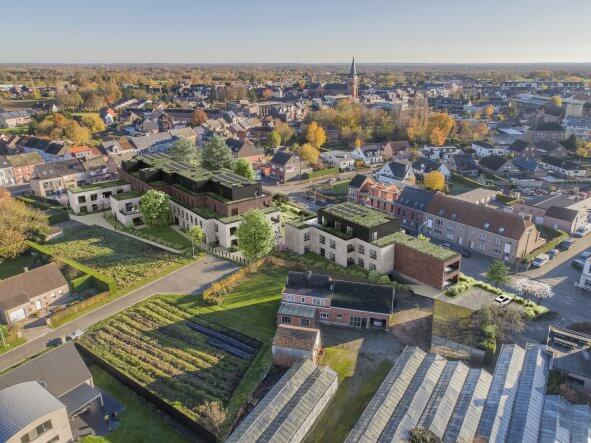 Luchtfoto 3D , weergegeven als een virtuele weergave van het pand door Be Present vastgoedmarketing.