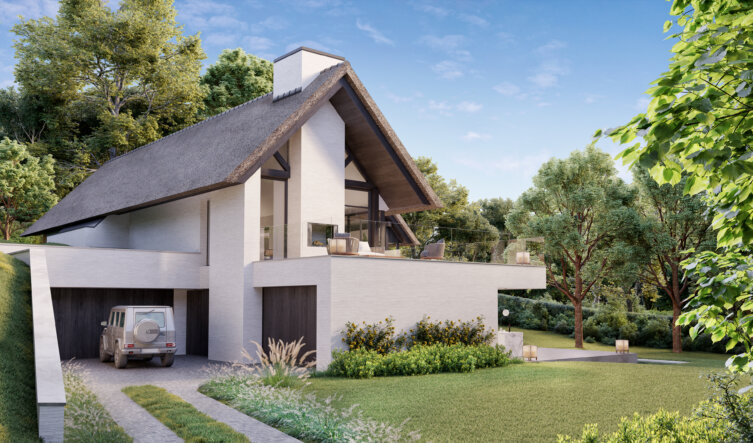 Hedendaagse villa 3D als luxe buitenweergave door Be Present vastgoedmarketing.