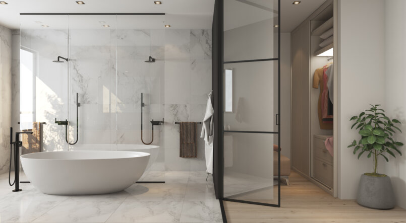 Luxury bathroom CGI shown as bathroom interior render by Be Present for real estate marketing.