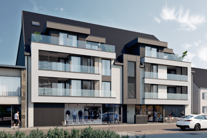 3D een appartementencomplex als buitengevel van een multifunctioneel gebouw, gemaakt door Be Present vastgoedmarketing.