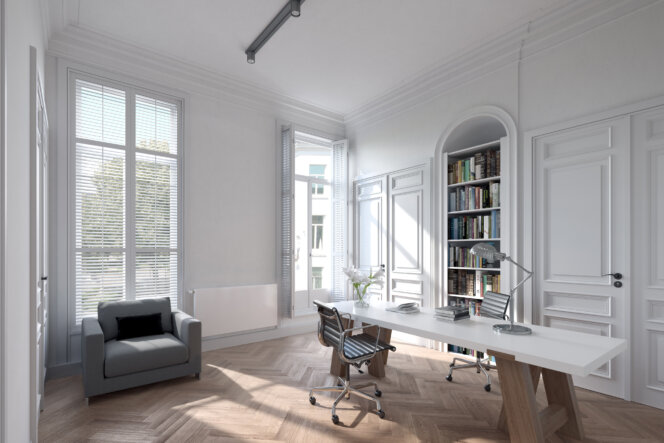 Classic office CGI shown as workspace interior render by Be Present for real estate marketing.