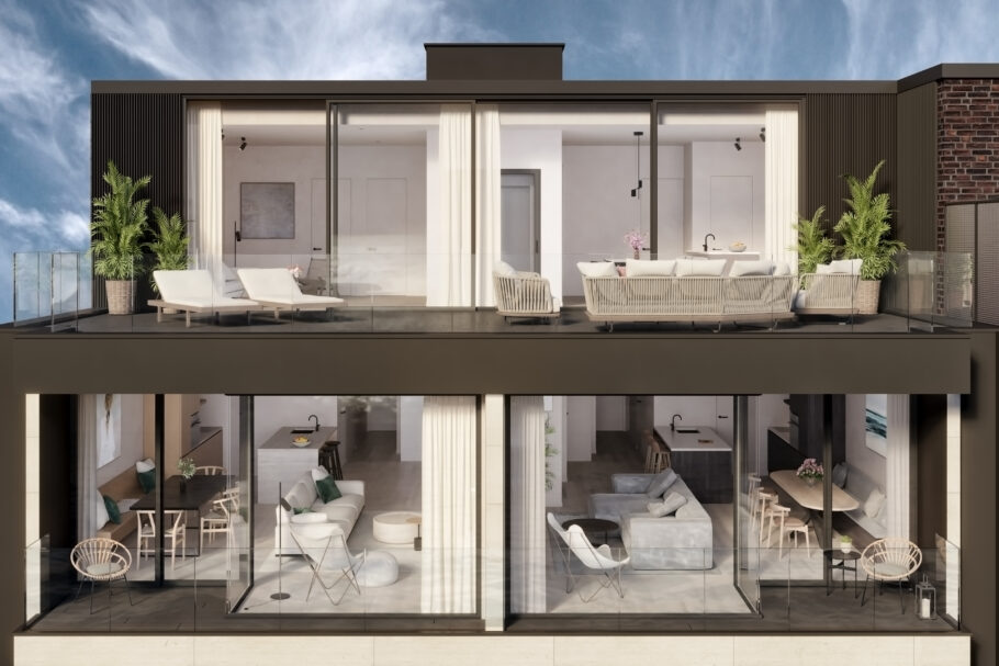 3D exterior view of apartments with large windows, visible living rooms and a furnished upper terrace.