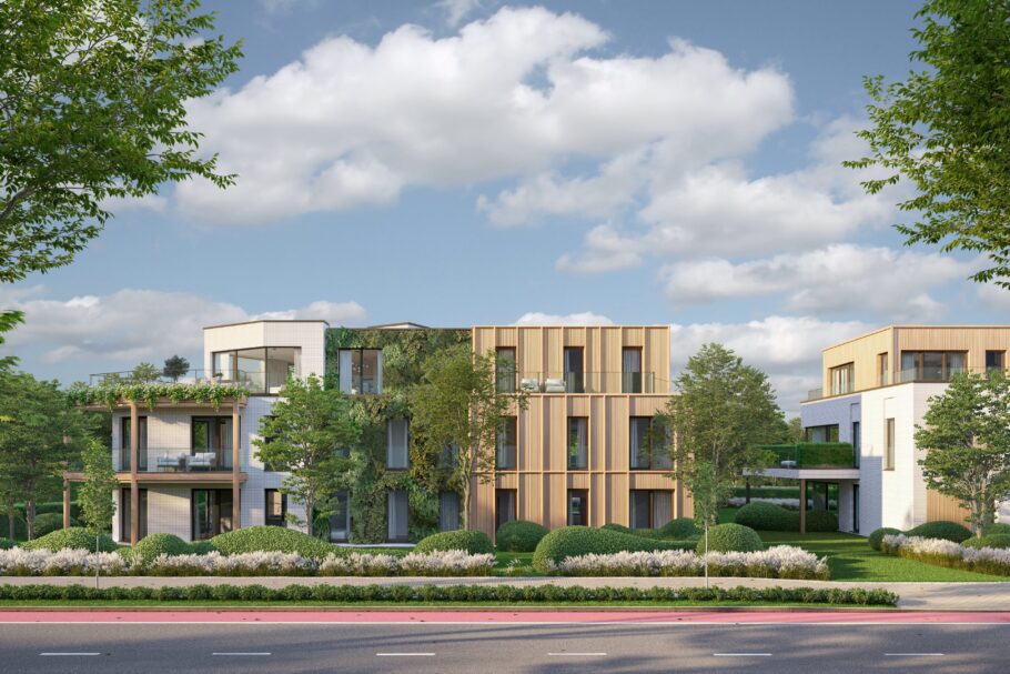 3D-straatbeeld van woongebouwen met lichte gevels, houten accenten, terrassen en groene voortuinen.