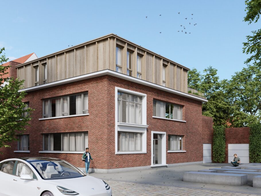 3D-visualisatie van een bakstenen hoekwoning met een houten dakuitbreiding en hoge ramen.