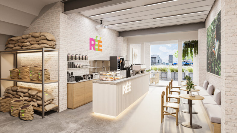 Coffee bar interior CGI shown as hospitality interior render by Be Present for real estate marketing.