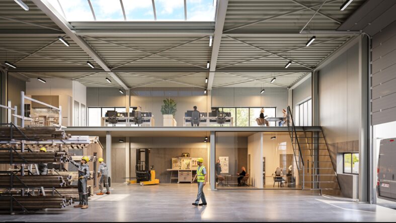 Industrial warehouse CGI shown as industrial interior render by Be Present for real estate marketing.