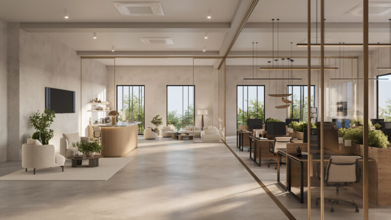 3D office interior visualization showing a modern workspace CGI for commercial real estate marketing and leasing presentations.