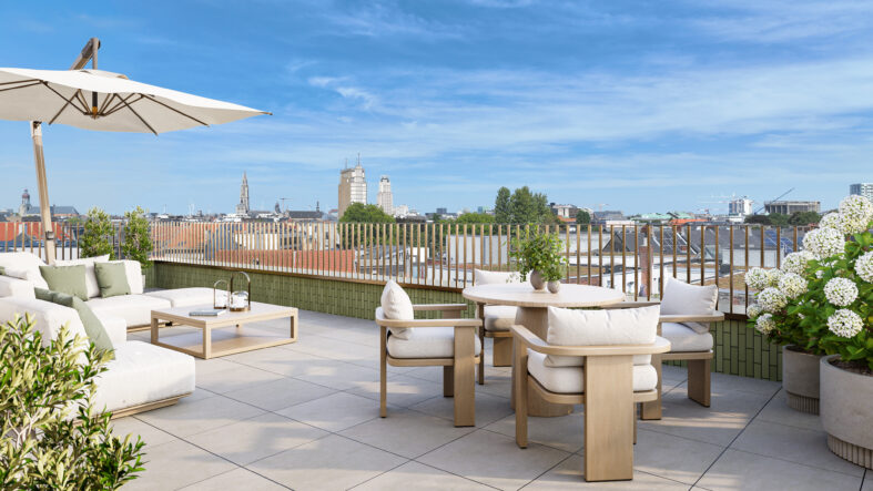 Terrace 3D , weergegeven als visualisatie van een buitenruimte bij een woonproject door Be Present vastgoedmarketing.