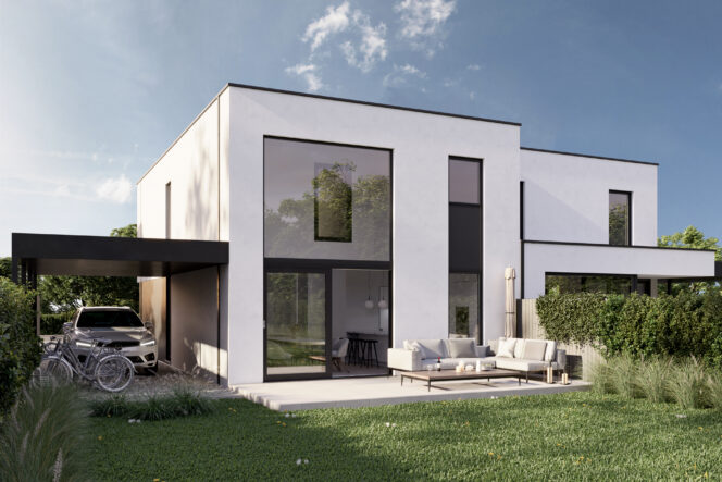 Moderne villa 3D als luxe buitenweergave door Be Present vastgoedmarketing.