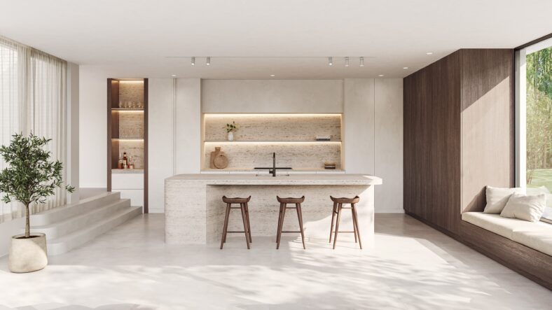 Travertine kitchen CGI shown as open-plan kitchen render by Be Present for real estate marketing.