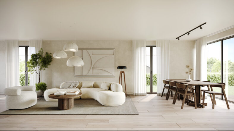 Open space interior CGI shown as residential interior render by Be Present for real estate marketing.