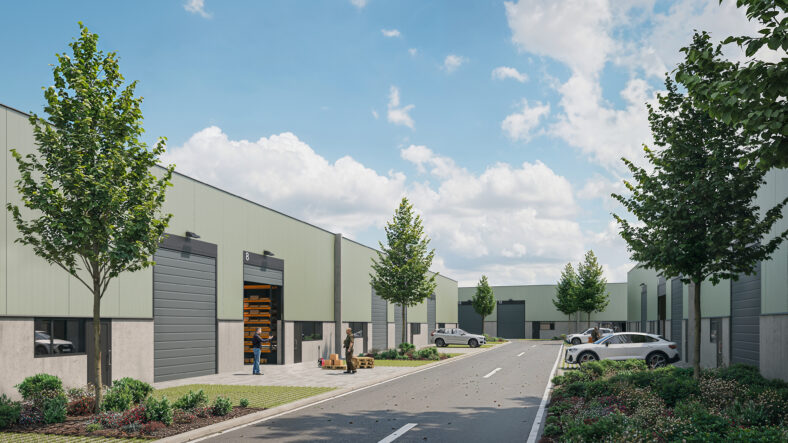 Industrial logistics CGI shown as industrial exterior render by Be Present for real estate marketing.