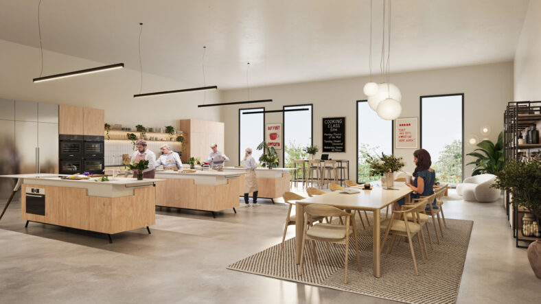 Kitchen interior CGI shown as hospitality interior render by Be Present for real estate marketing.