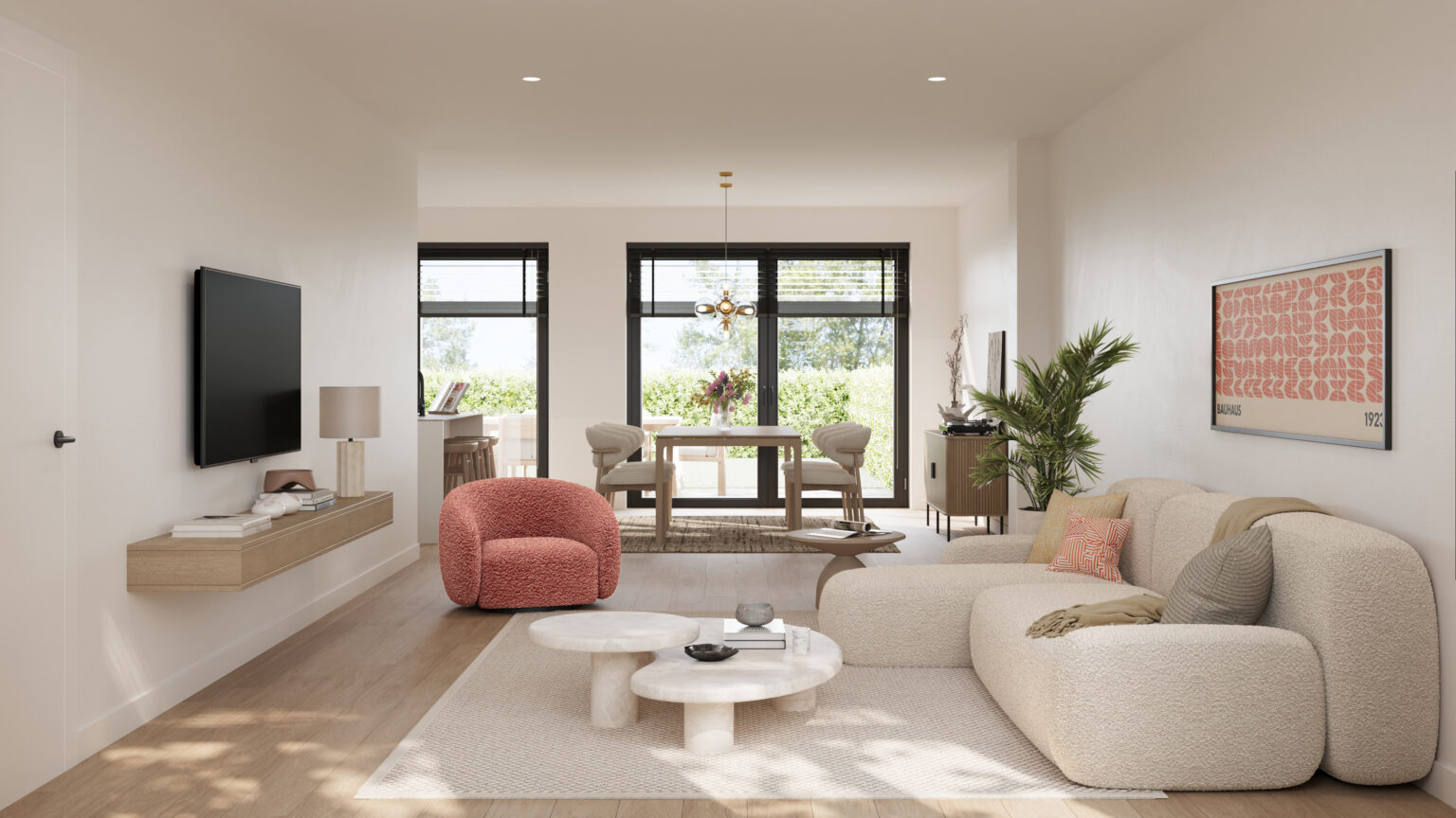 Photorealistic 3D visualisation of a kitchen and living space for real estate marketing
