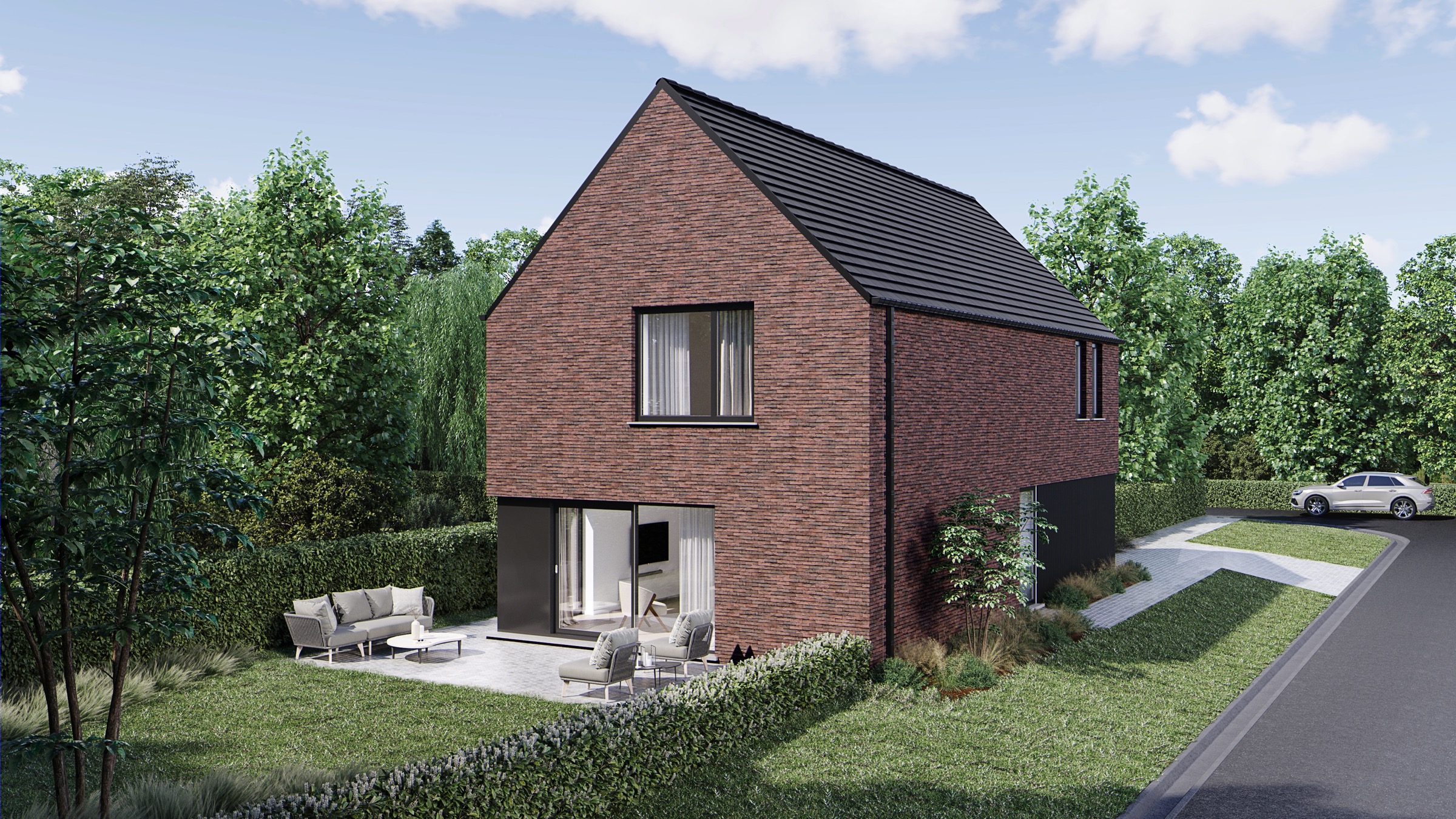3D visualisation of a brick house with a pitched roof, terrace and garden in Bilzen.