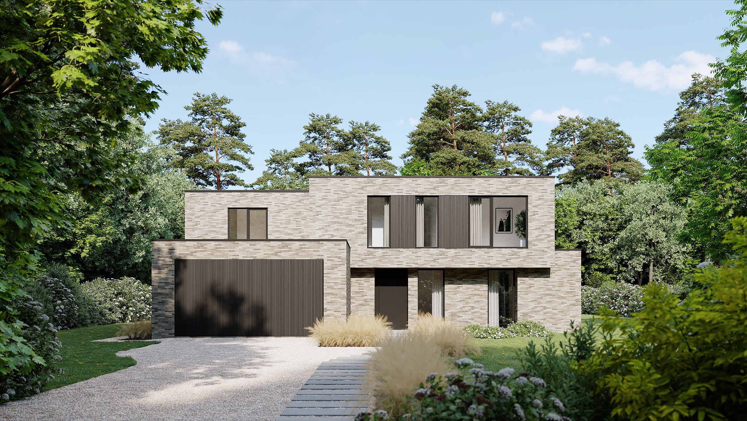 Visualisation architecturale d’une villa contemporaine dans un cadre boisé