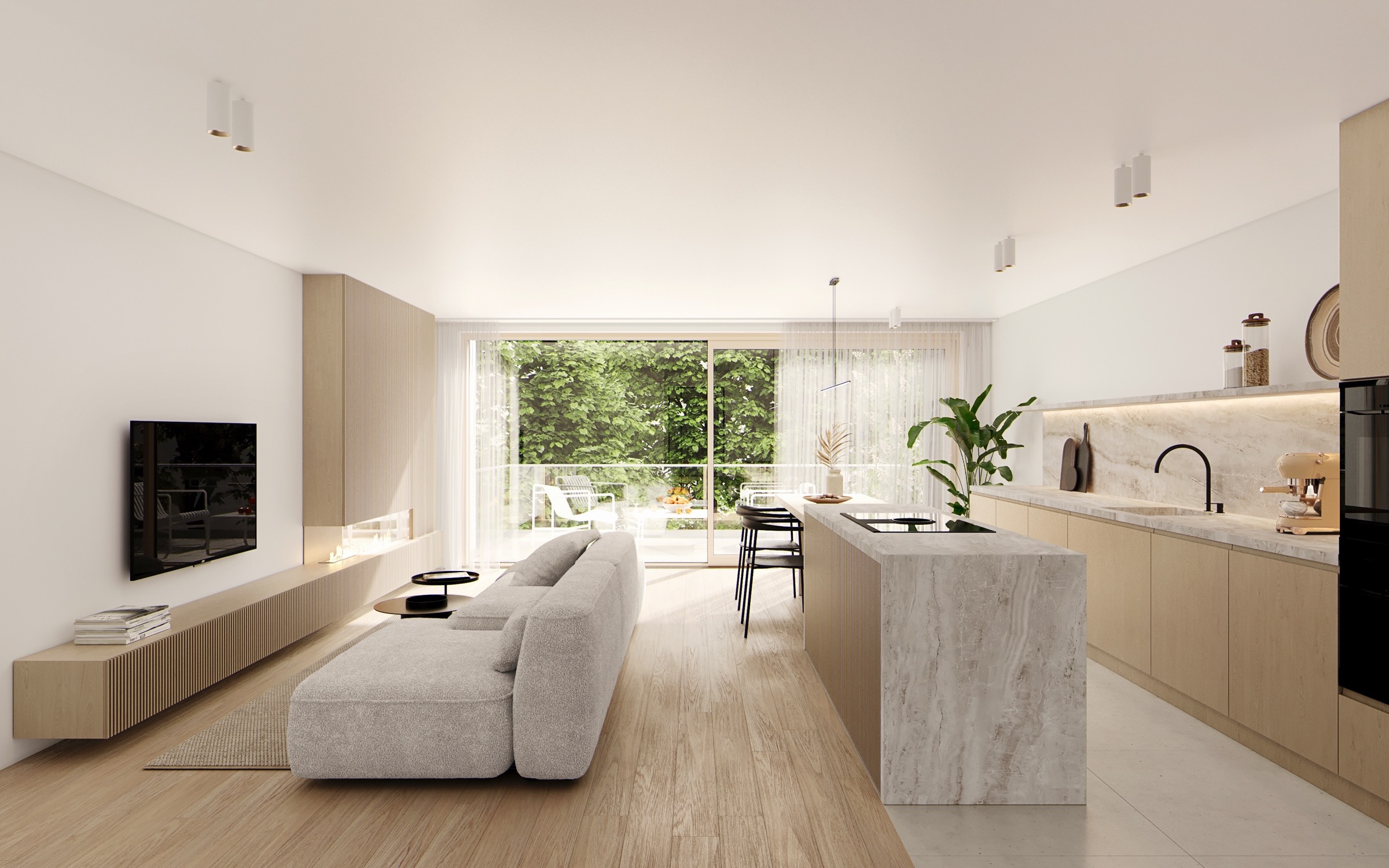 Interior visualisation of a living space with a kitchen and garden views in Genk.