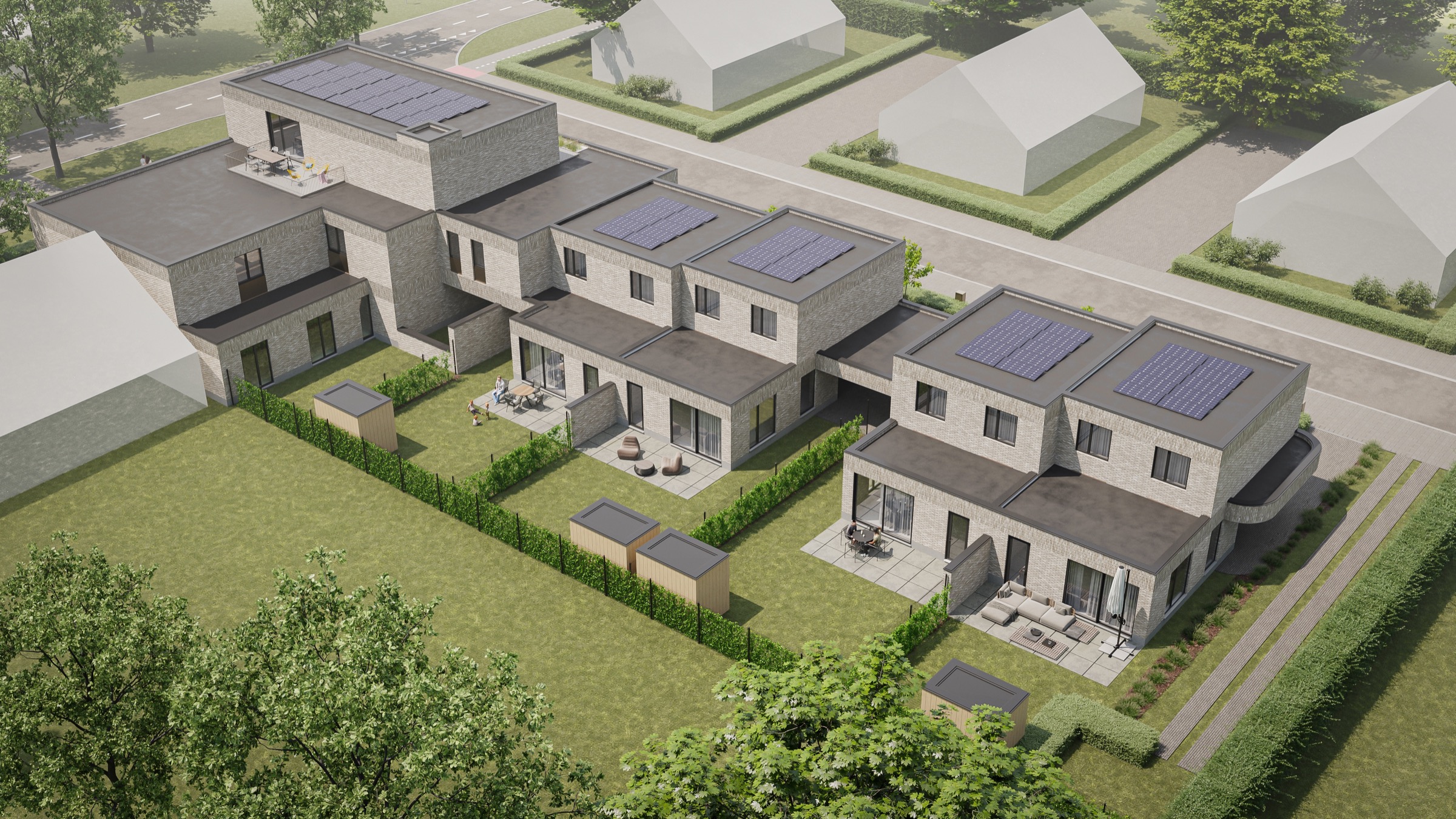 3D bird’s-eye view of a residential development and its outdoor spaces.