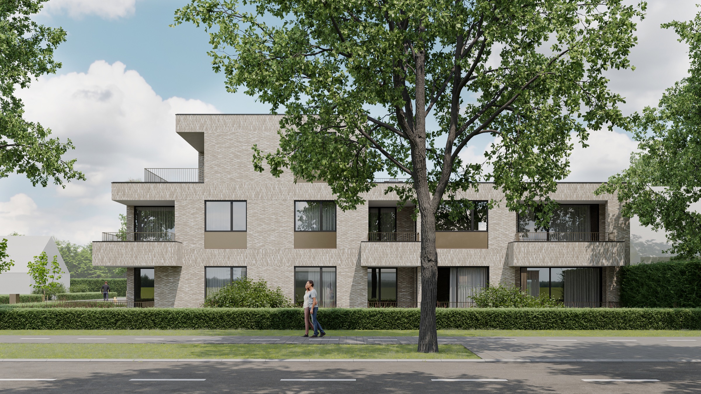 3D exterior visualisation of an apartment building with balconies and greenery along the street.