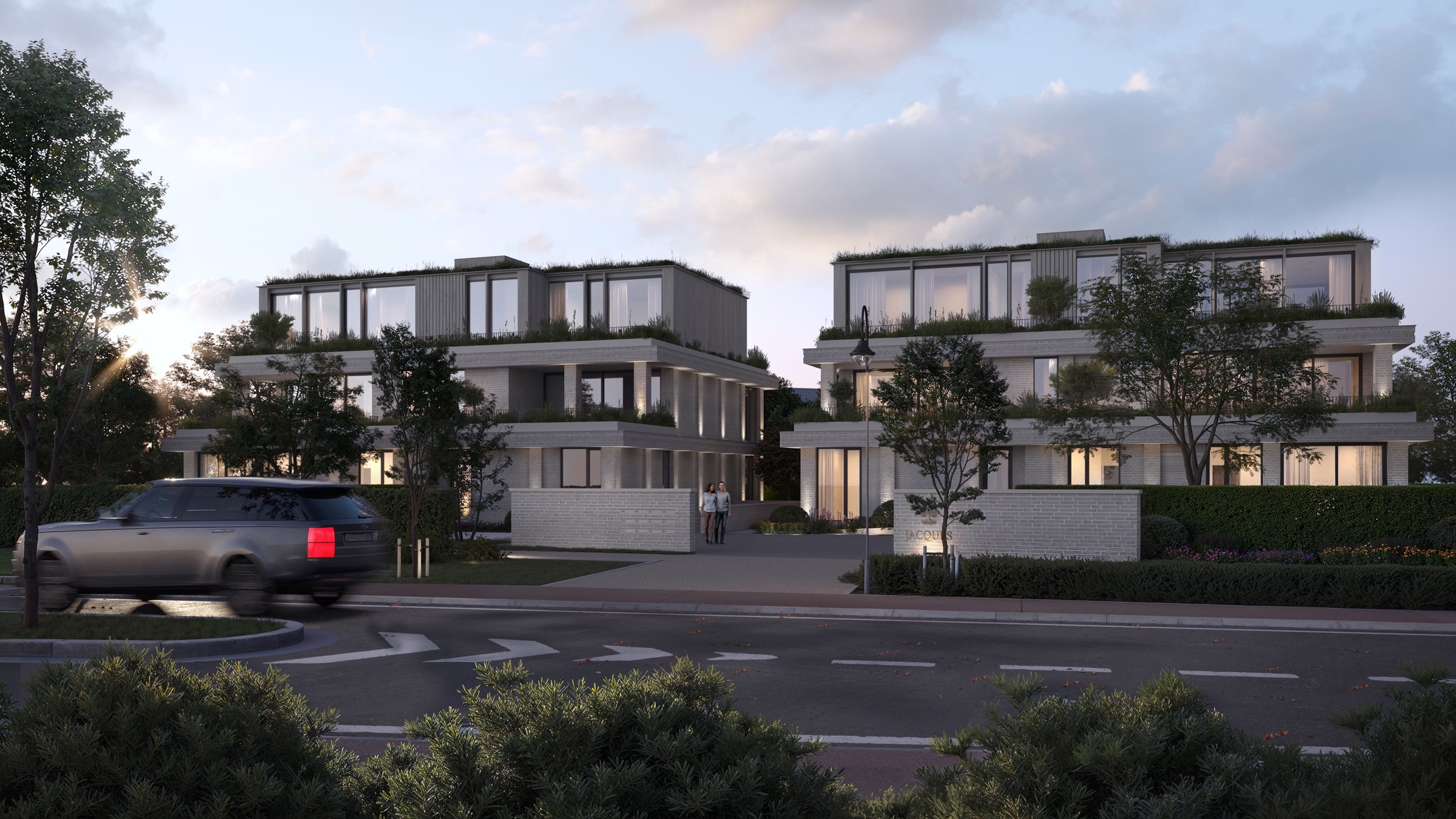 Evening visualisation of a residential development in Heusden-Zolder.