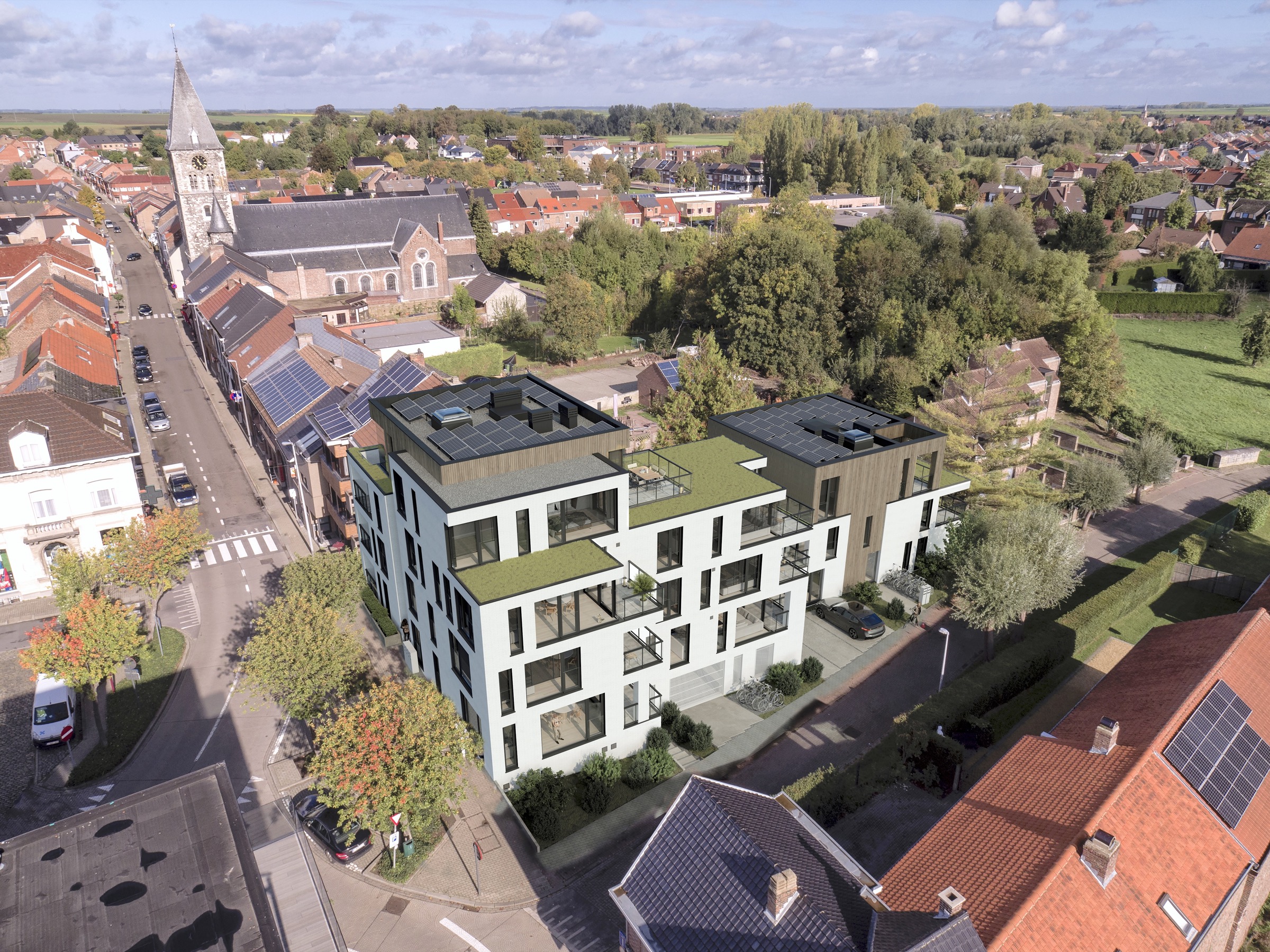 Aerial photograph of Landen with a 3D visualisation of a future building integrated into the existing surroundings.