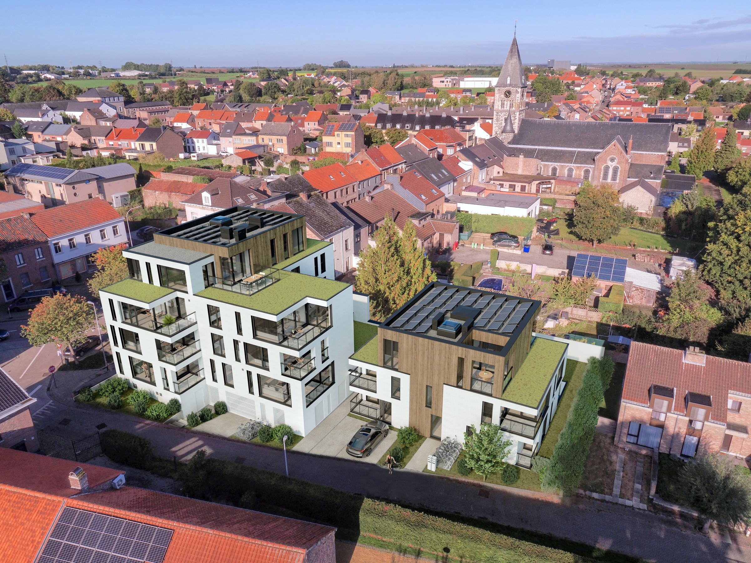 Drone photograph with a new development integrated into the surroundings of Landen.