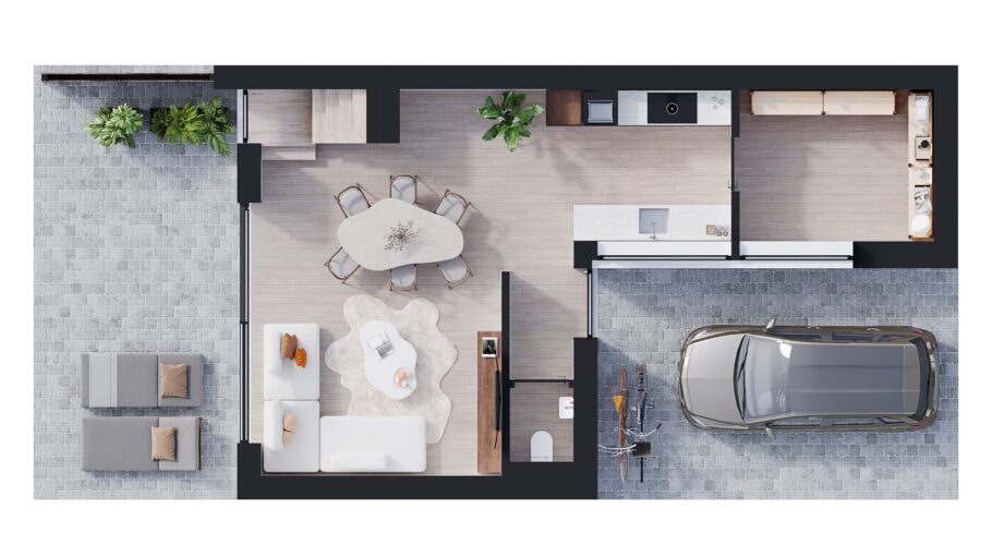Furnished 3D floor plan with a living area, kitchen, terrace and parking space.