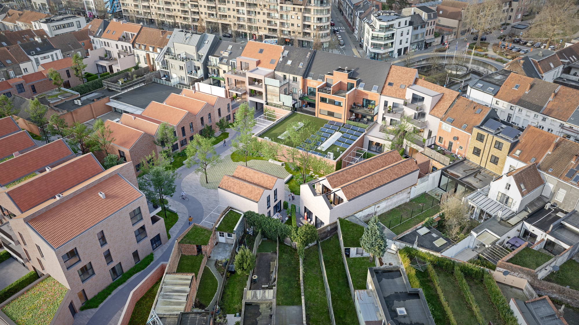 De Stokerie, Kortrijk — drone- en 3D-integratie in vogelperspectief met de bestaande stadsomgeving