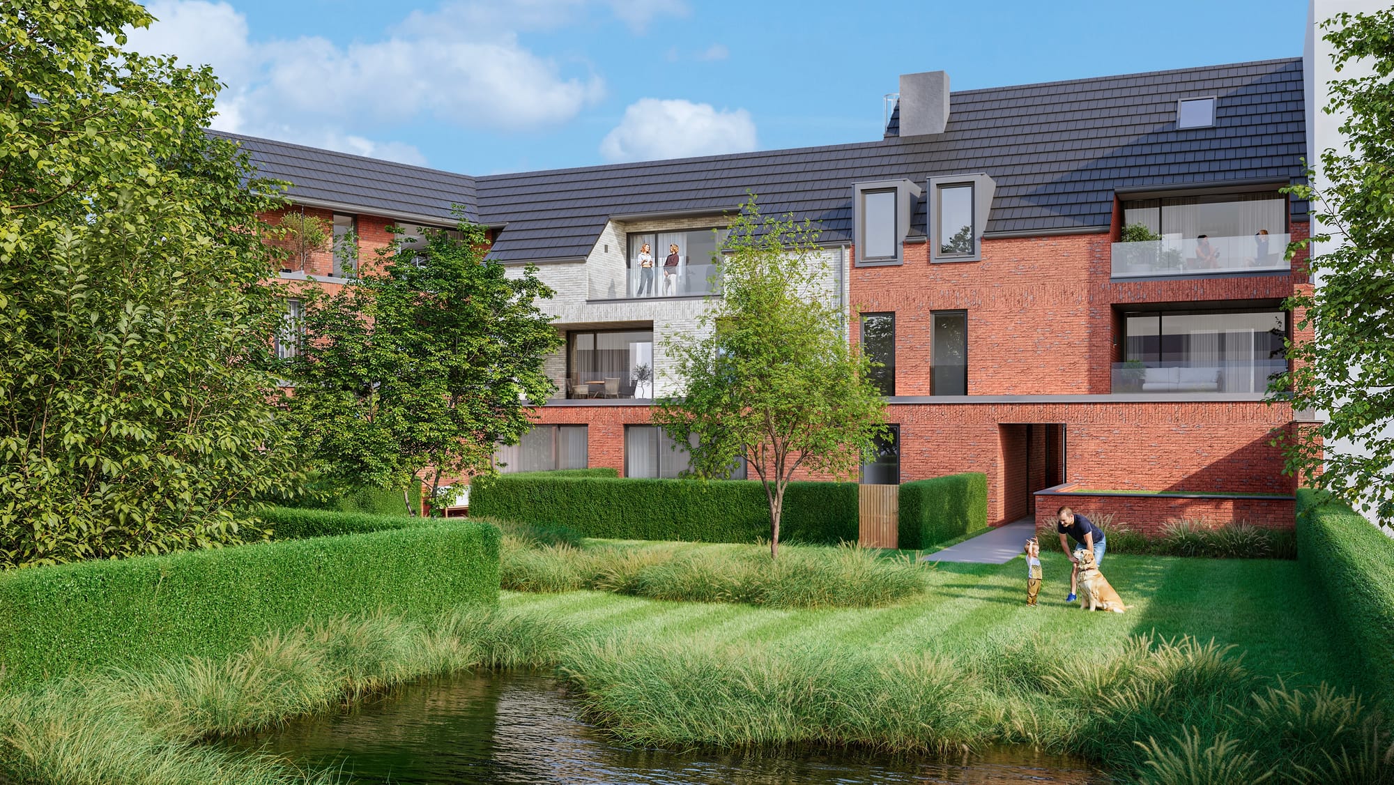 Heusden — tuinzijde van appartementen met terrassen en groene buitenruimte