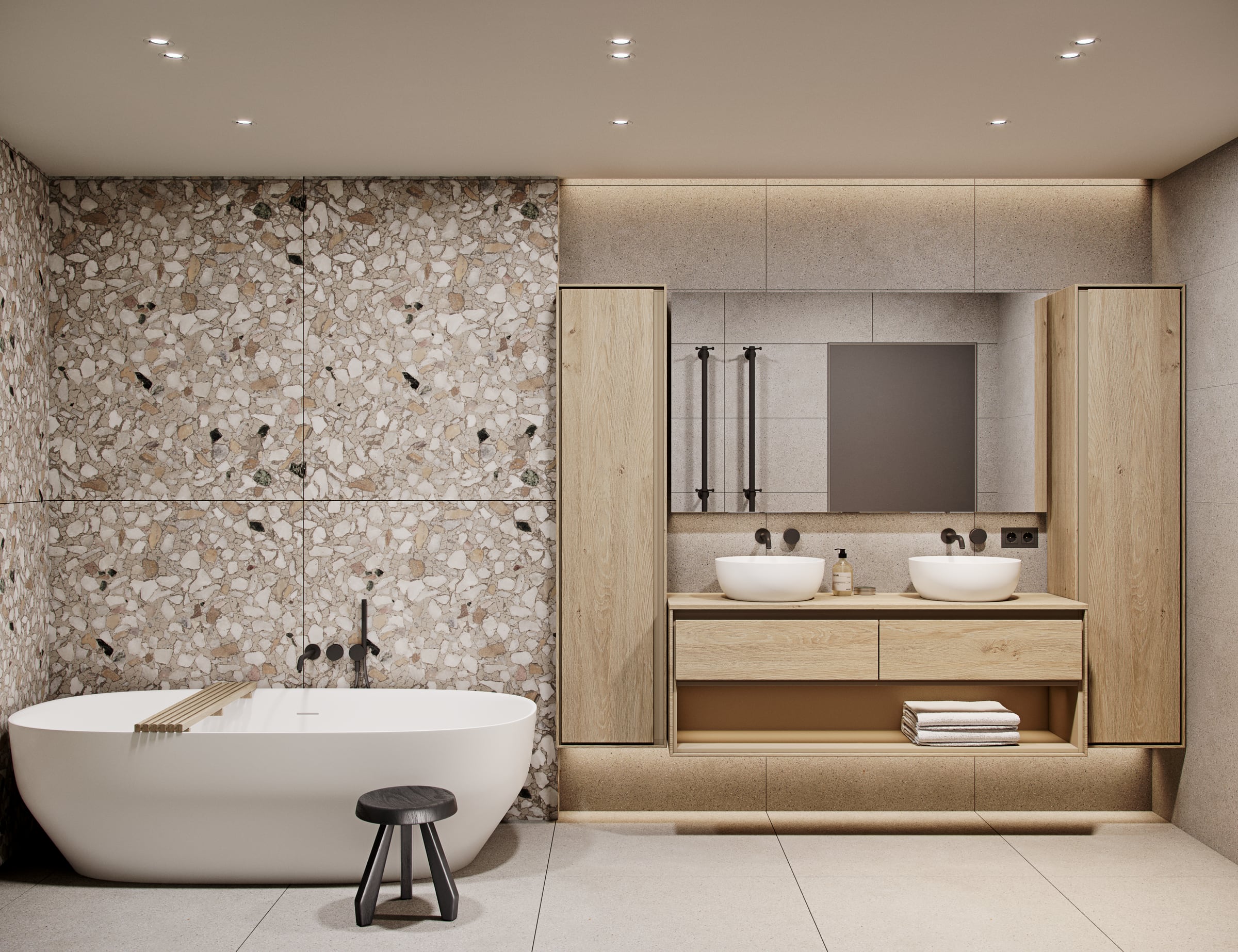 Residentie Louis, Tremelo — badkamer met vrijstaand bad, natuursteen en houten maatwerk