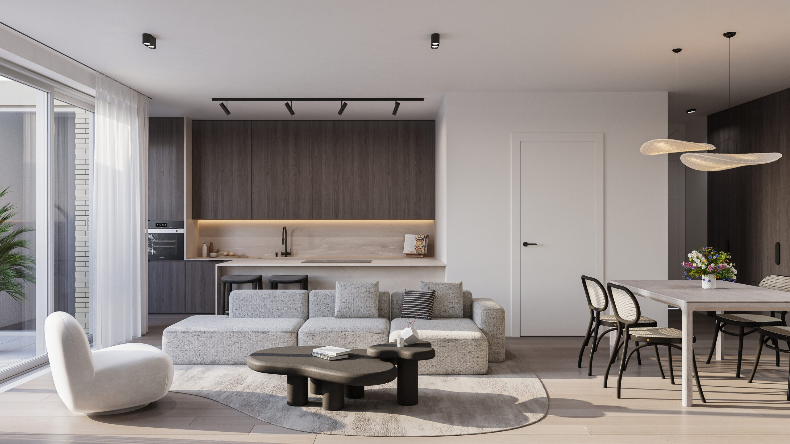 Interieurvisualisatie van Kasteelplein in Antwerpen met leefruimte, keuken en eetruimte