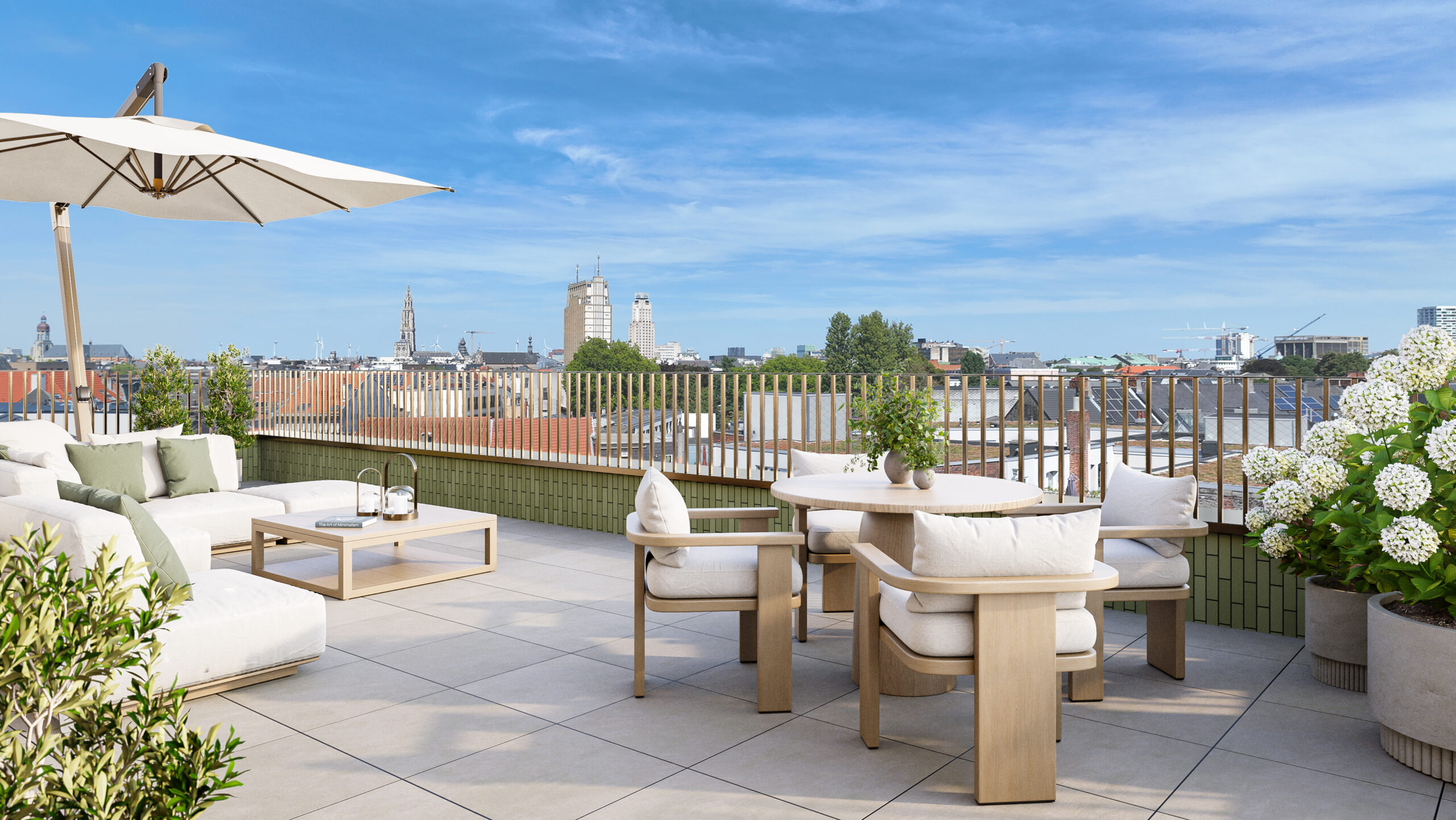 Visualisatie van het penthouseterras van Kasteelplein met uitzicht over Antwerpen