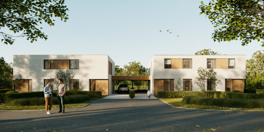 Exterior visualisation of two modern homes with pale brick facades and landscaped front gardens